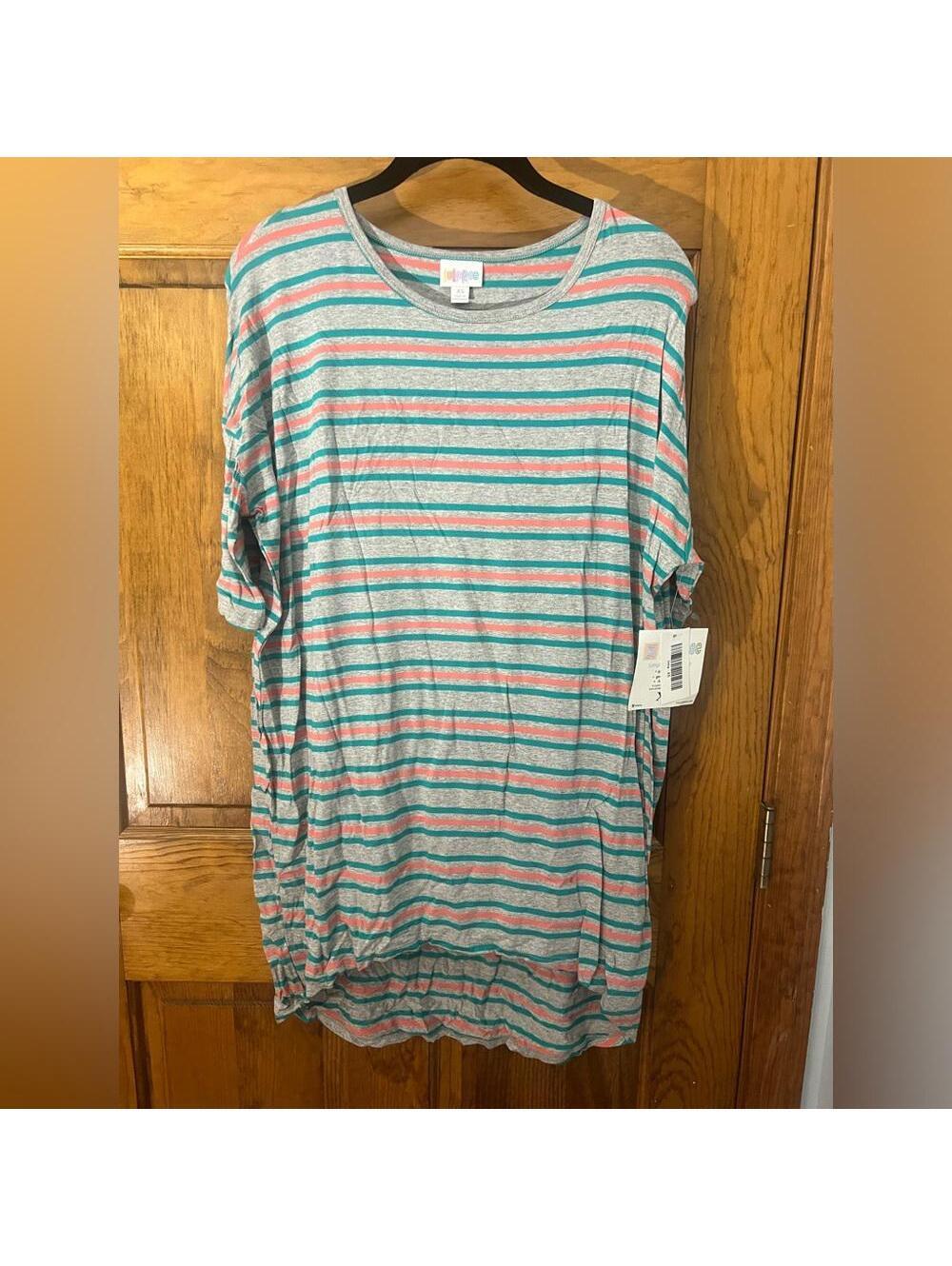 LuLaRoe Irma Tunic Top Shirt Fitted Sleeves High Low Loose Pink Stripes XS NWT